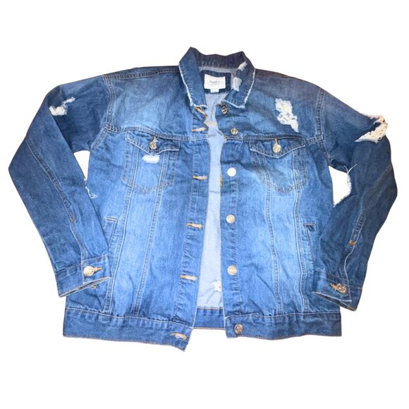 Distressed Blue Jean Jacket Cropped Ripped Forever 21 Small - Picture 1 of 8